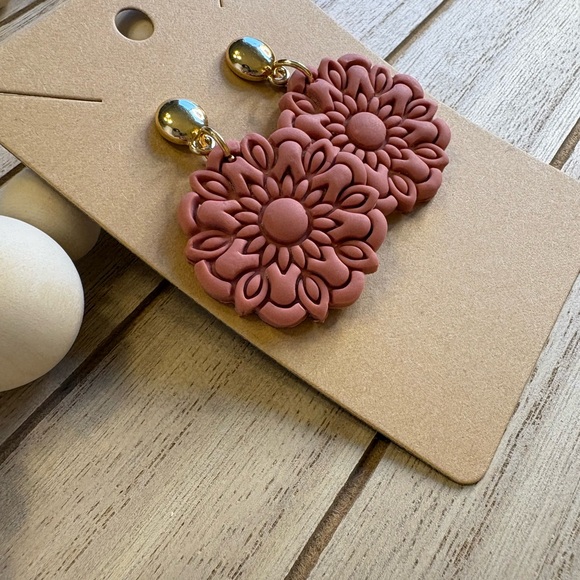 Romantic Rose Pink Flower Earrings with Gold Studs | Handmade Boho Jewelry - Picture 4 of 6
